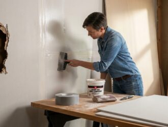 DIY drywall repair: homeowner applies joint compound and tape to a damaged wall.