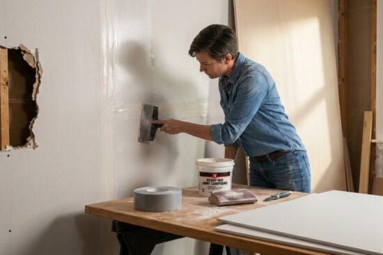 DIY drywall repair: homeowner applies joint compound and tape to a damaged wall.