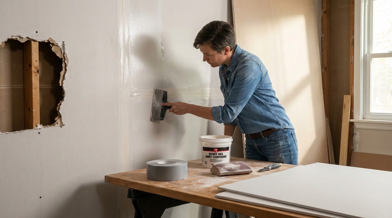 DIY drywall repair: homeowner applies joint compound and tape to a damaged wall.