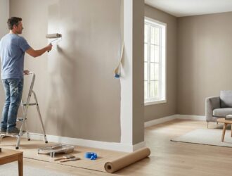 Brightly painted living room with painter's brush, rollers, and prep tools for DIY interior painting