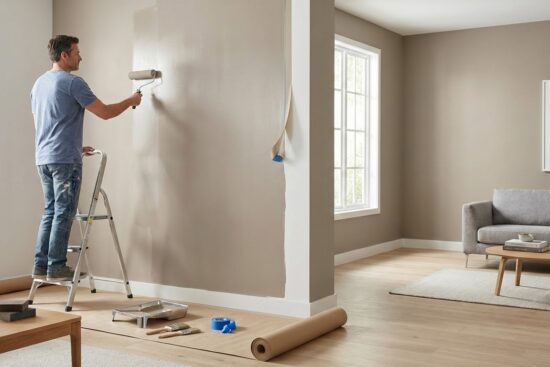 Brightly painted living room with painter's brush, rollers, and prep tools for DIY interior painting