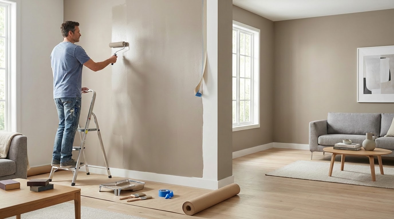Brightly painted living room with painter's brush, rollers, and prep tools for DIY interior painting