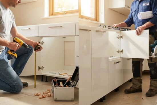 DIY vs pro kitchen cabinet installation: homeowner measuring and aligning cabinet panels.