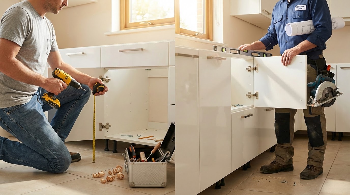 DIY vs pro kitchen cabinet installation: homeowner measuring and aligning cabinet panels.