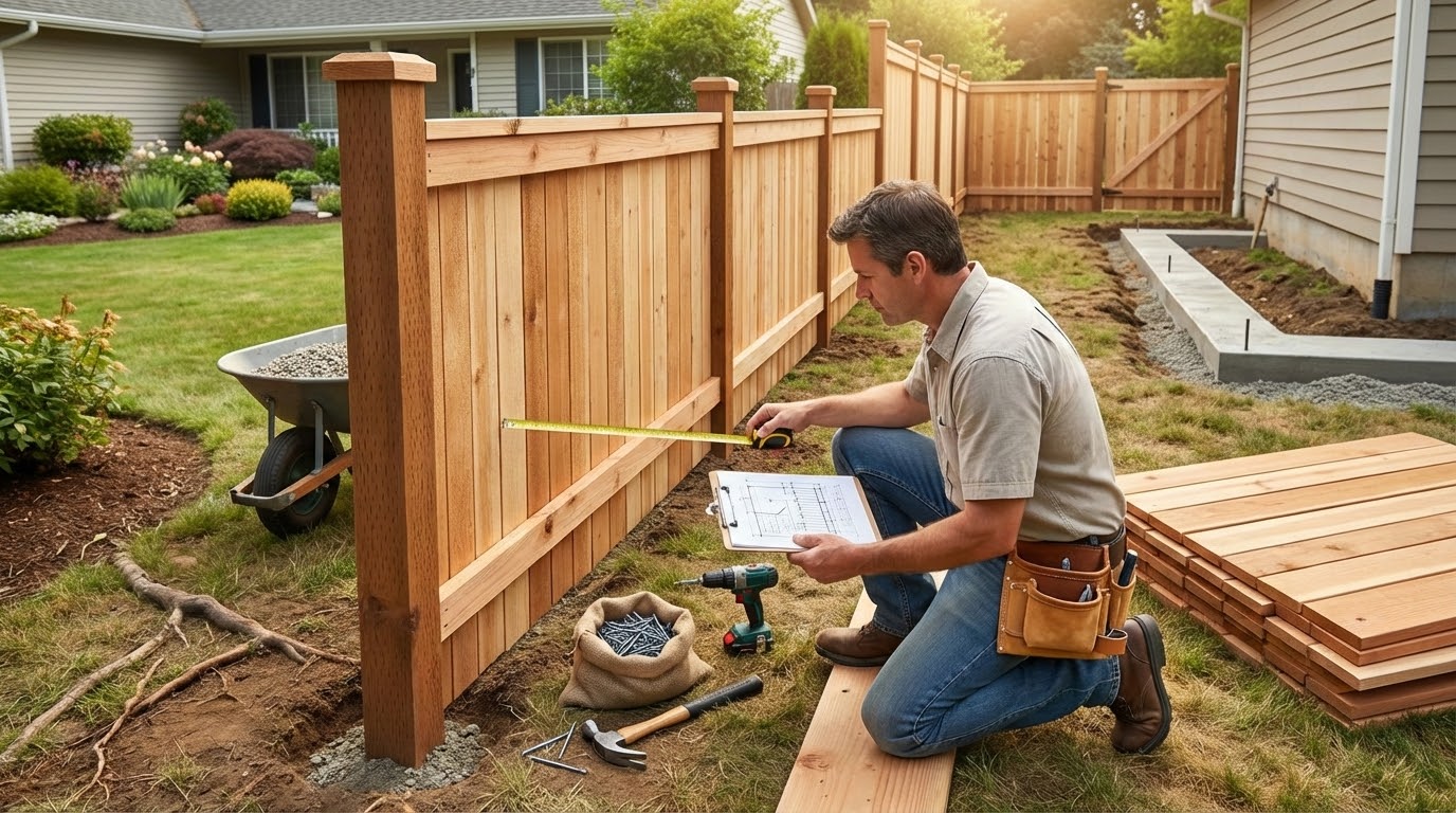 Homeowner measuring and planning a DIY wooden fence layout in backyard