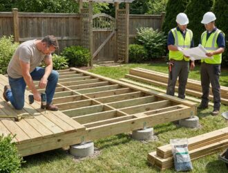 Backyard deck under construction: wooden planks, tools, and workers deciding DIY or hire
