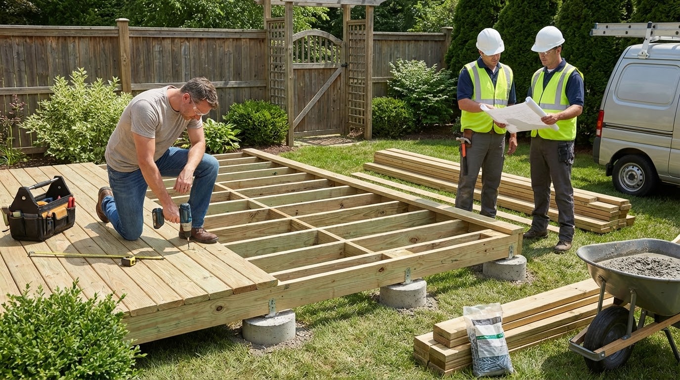 Backyard deck under construction: wooden planks, tools, and workers deciding DIY or hire