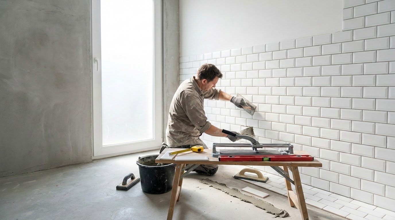 Newly tiled bathroom floor and walls with DIY tools, illustrating a home tiling project.