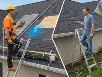 Professional roofer inspecting a residential shingle roof with safety gear