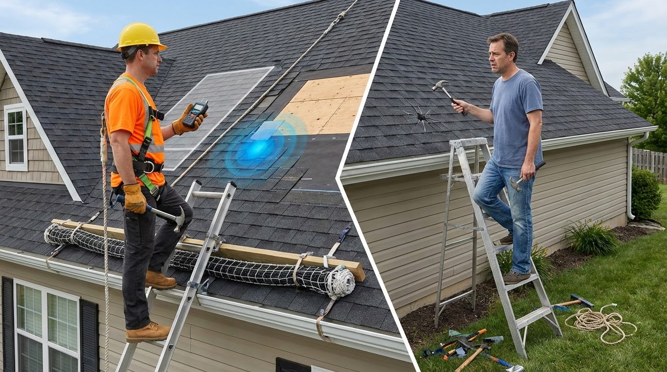 Professional roofer inspecting a residential shingle roof with safety gear
