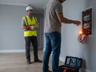 Homeowner handling wiring with warning sign, illustrating DIY electrical danger.