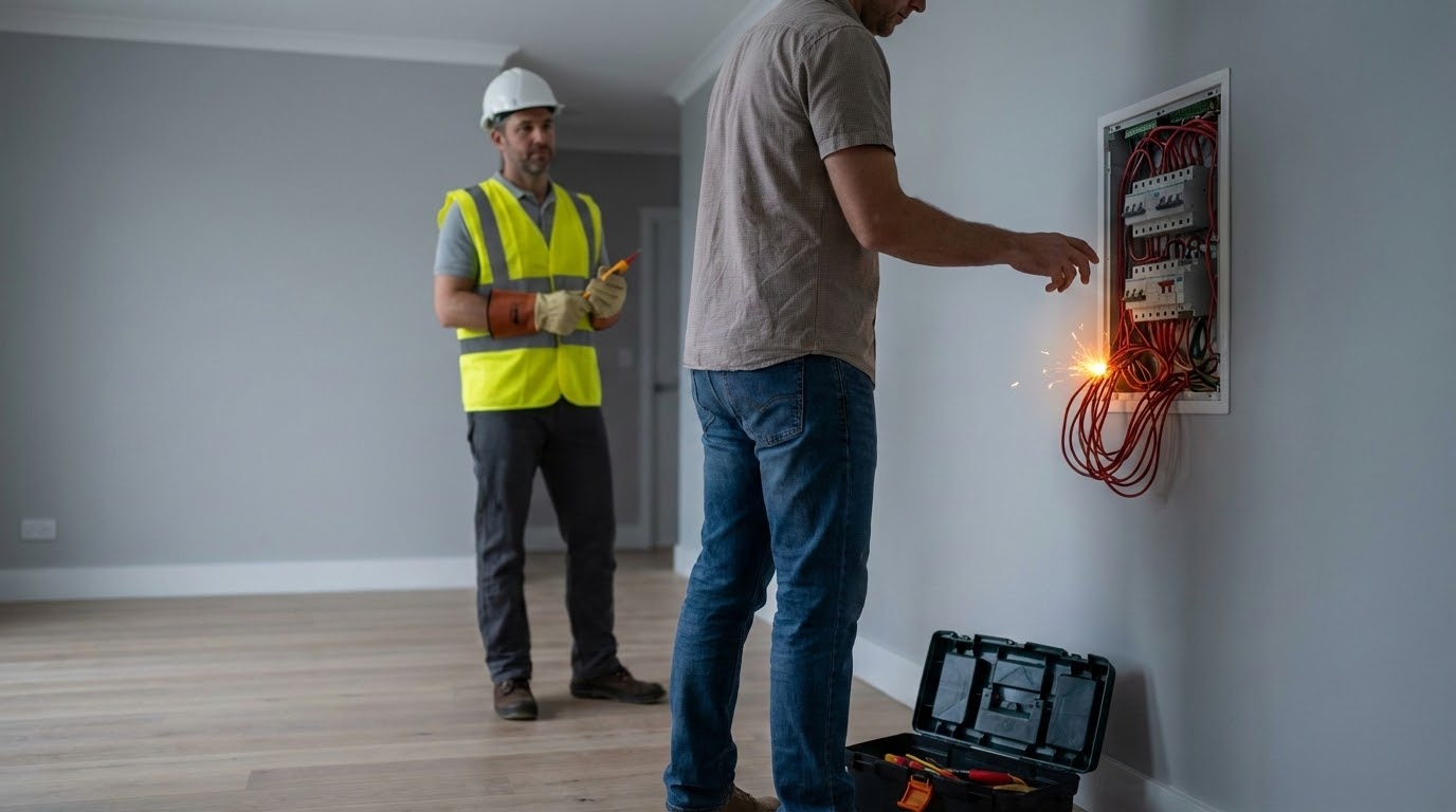 Homeowner handling wiring with warning sign, illustrating DIY electrical danger.