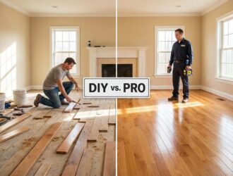 Hardwood floor with measuring tape and pro installer, highlighting DIY vs professional