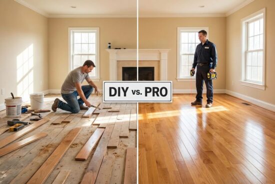 Hardwood floor with measuring tape and pro installer, highlighting DIY vs professional
