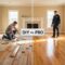 Hardwood floor with measuring tape and pro installer, highlighting DIY vs professional