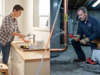 DIY plumber fixing a home pipe with wrench, illustrating safe home repairs.