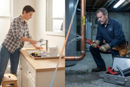 DIY plumber fixing a home pipe with wrench, illustrating safe home repairs.