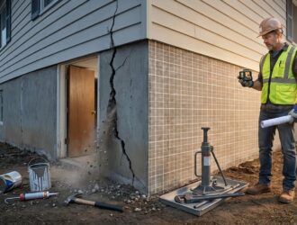 Cracked house foundation with warning signs, highlighting need for professional repair