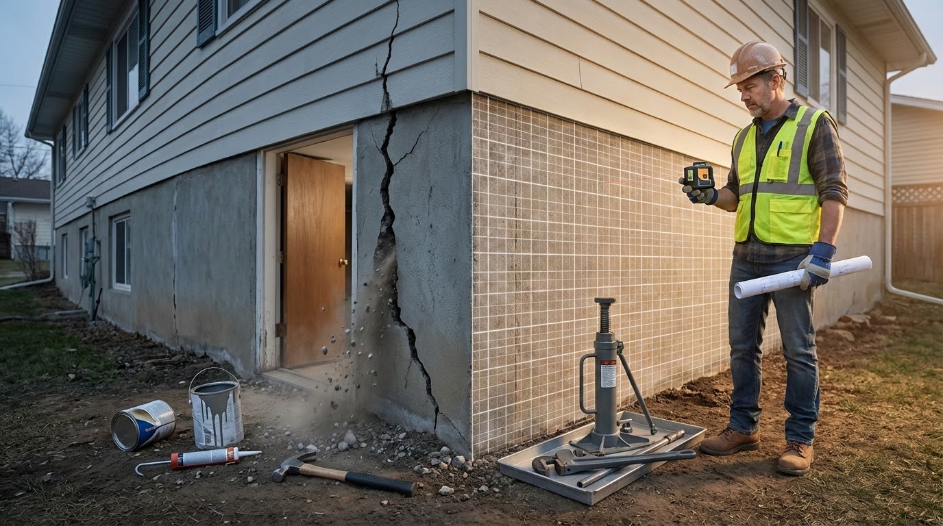 Cracked house foundation with warning signs, highlighting need for professional repair