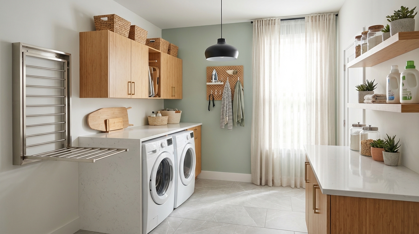 Modern laundry room makeover with sleek storage, stylish lighting, and efficient layout.