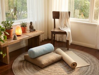Cozy home corner transformed into a serene meditation and yoga sanctuary with cushions and soft ligh