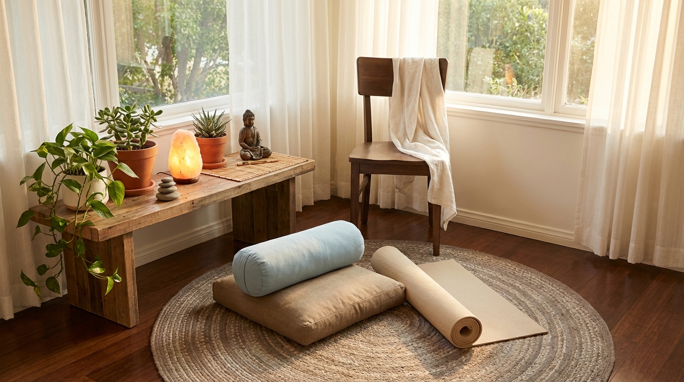 Cozy home corner transformed into a serene meditation and yoga sanctuary with cushions and soft ligh