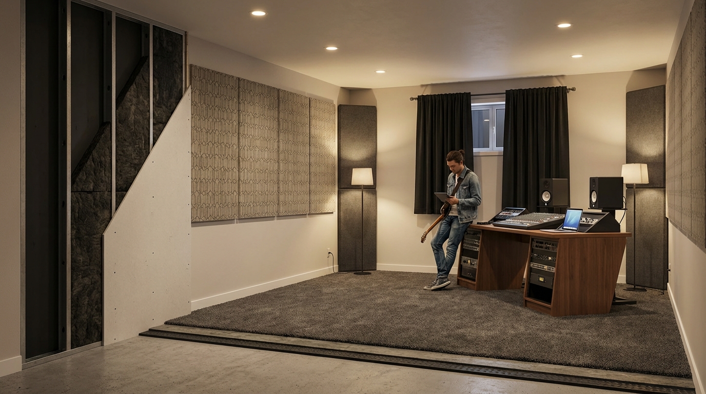 Soundproofed music room with acoustic panels, instrument setup and foam treatment