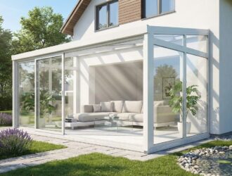 Modern glass conservatory addition linking indoor living space with garden views