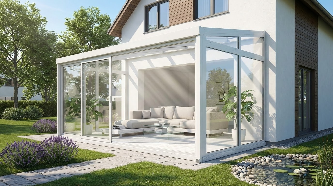 Modern glass conservatory addition linking indoor living space with garden views