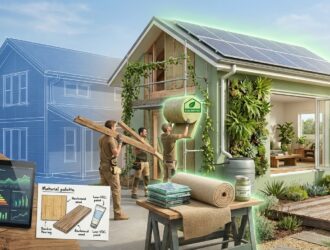 Eco-friendly home renovation: sustainable materials, solar panels, and green design in progress