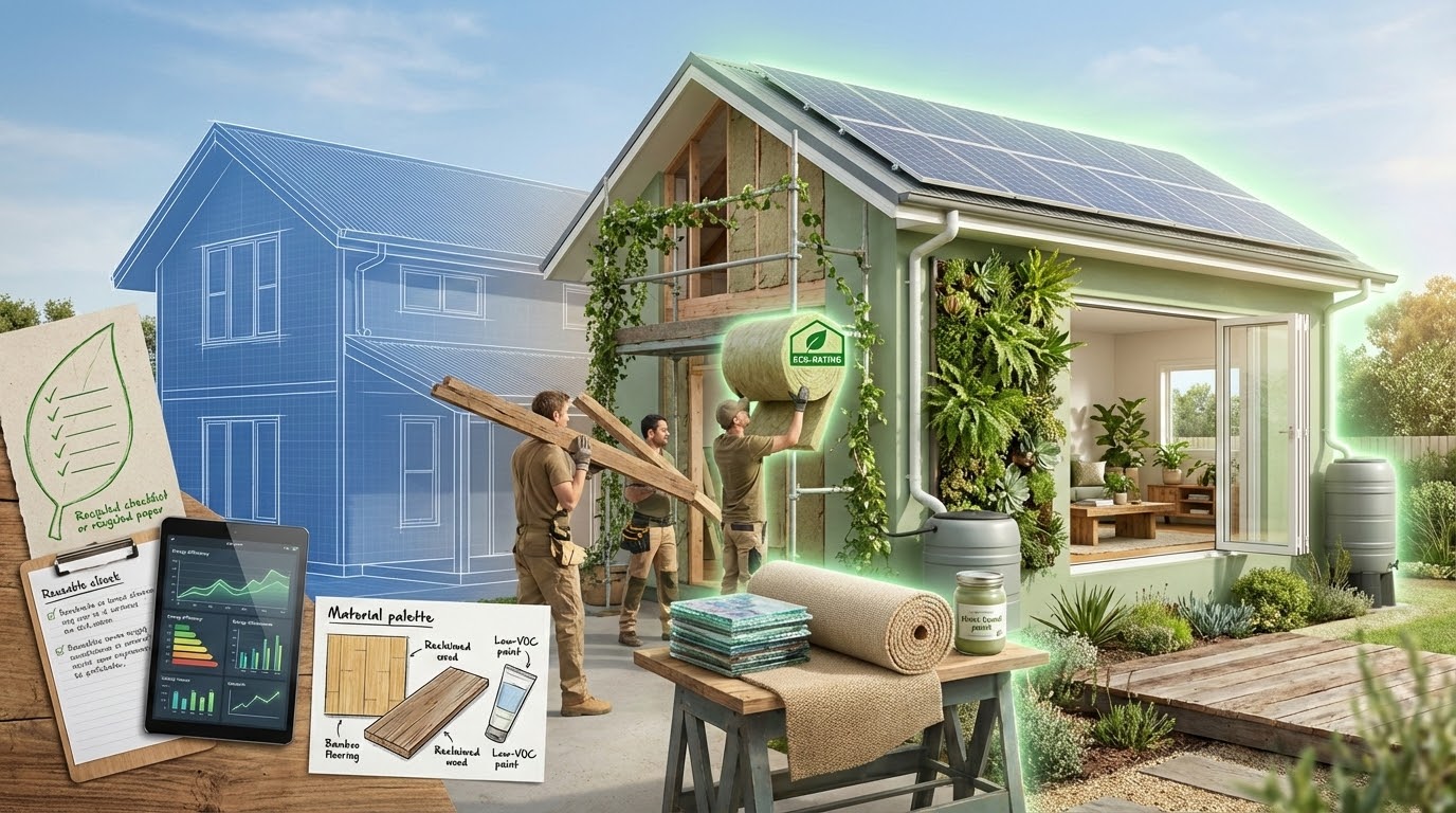 Eco-friendly home renovation: sustainable materials, solar panels, and green design in progress