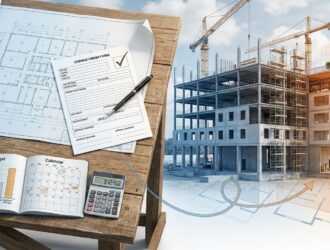 Construction blueprint with change order form and pen, illustrating scope creep management.