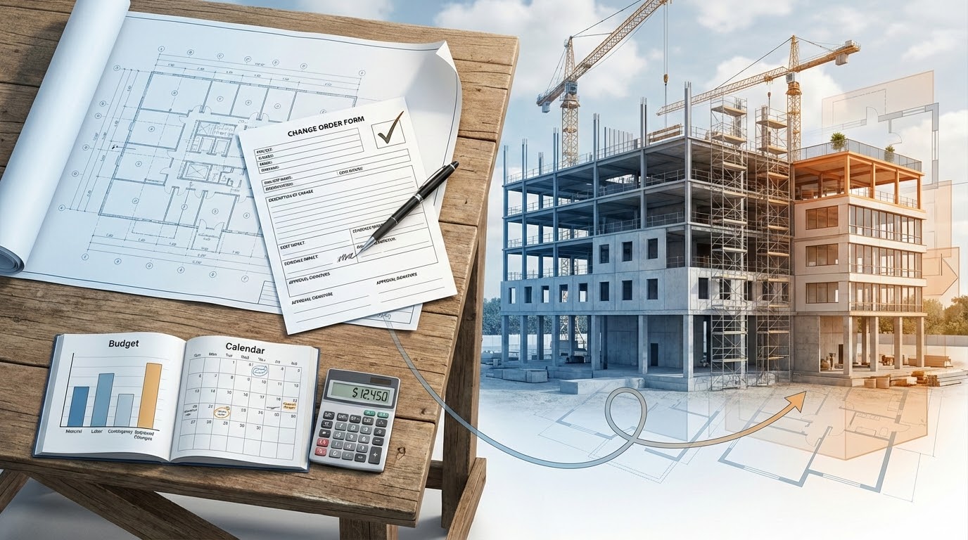 Construction blueprint with change order form and pen, illustrating scope creep management.