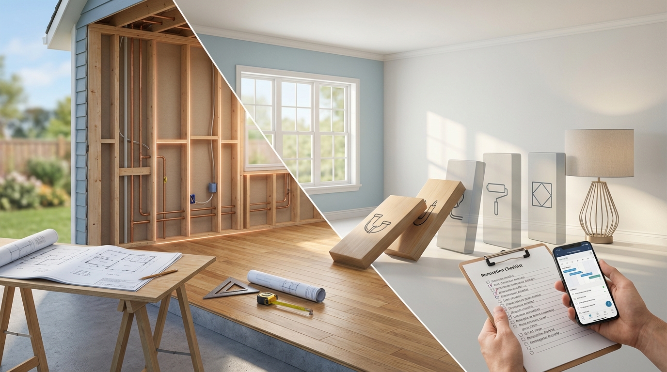 Strategic home renovation guide: blueprint showing prioritized project steps.