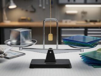 Three balancing scales with icons for quality, cost, and style representing material selection