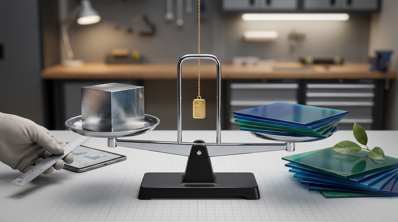 Three balancing scales with icons for quality, cost, and style representing material selection