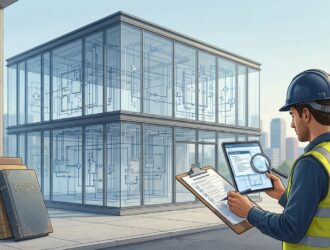 Blueprint and inspector reviewing building code checklist for safe construction.