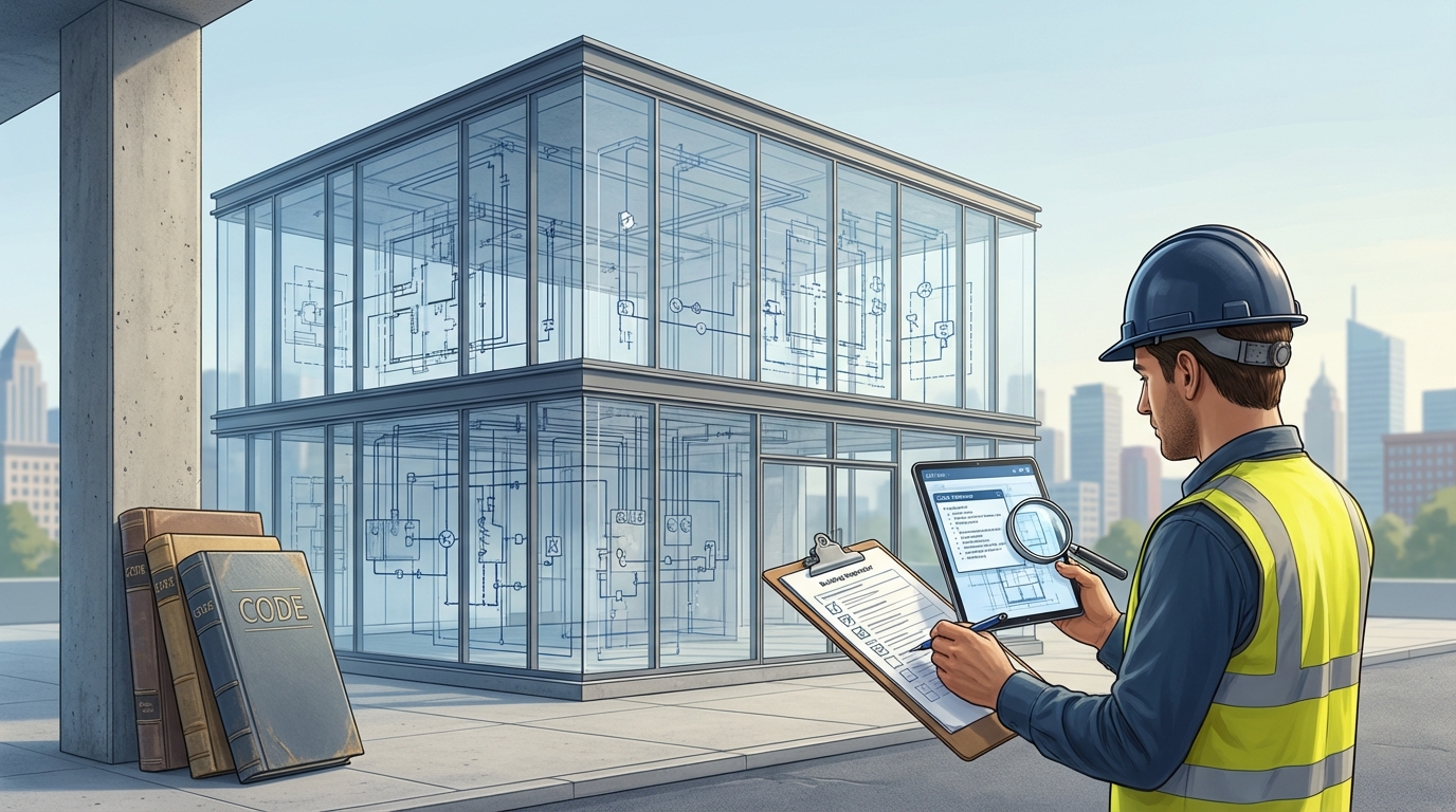 Blueprint and inspector reviewing building code checklist for safe construction.