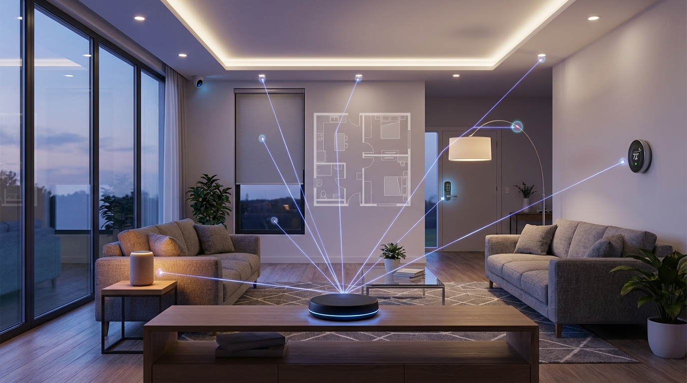 Smart home hub with connected sensors controlling lights and thermostat in a modern living room