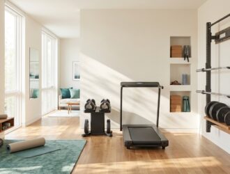 Sleek home gym design trend: modern equipment, bold colors, bright natural light