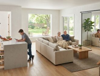 Modern multigenerational home floor plan with shared living area and private bedrooms