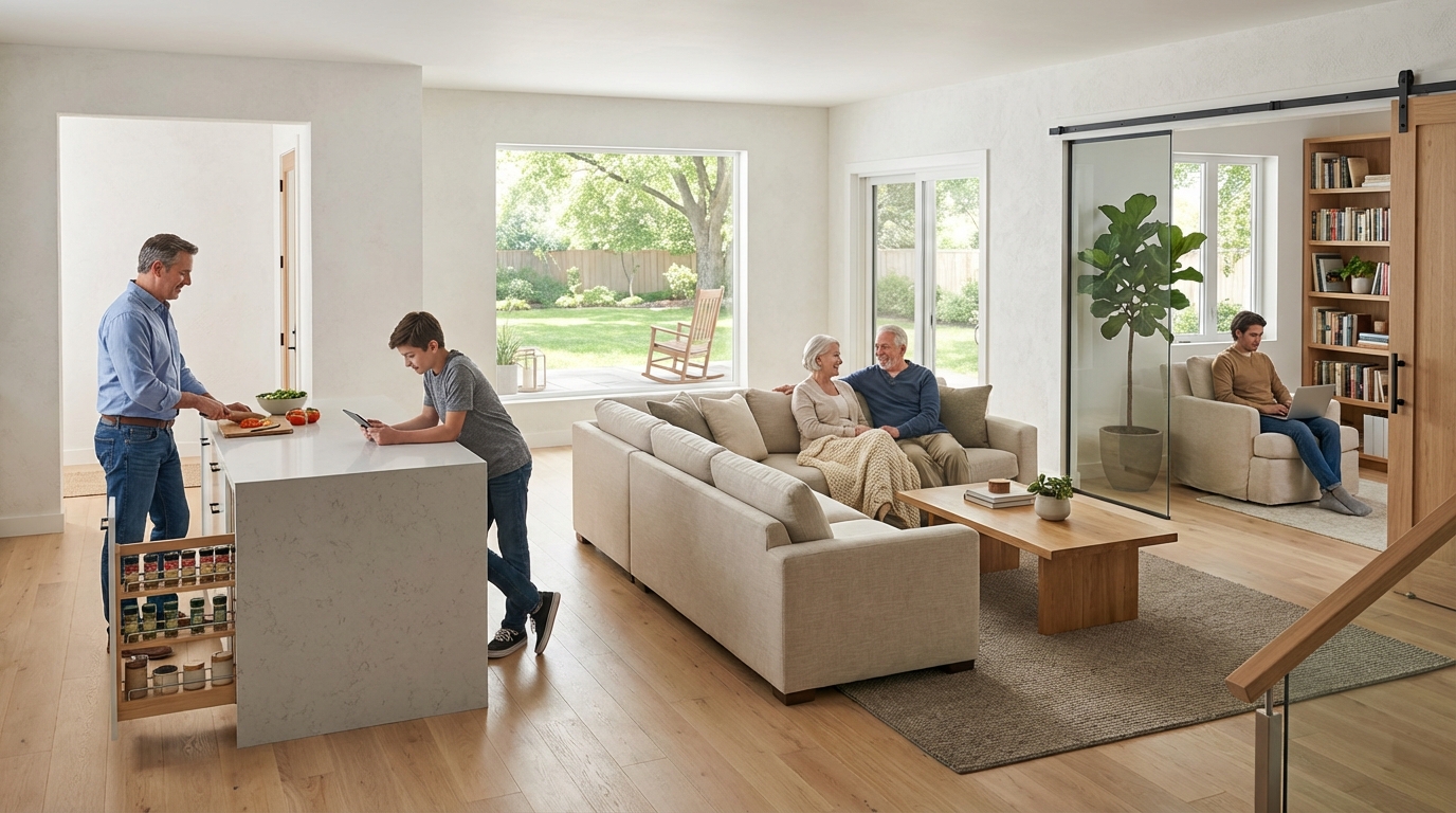 Modern multigenerational home floor plan with shared living area and private bedrooms