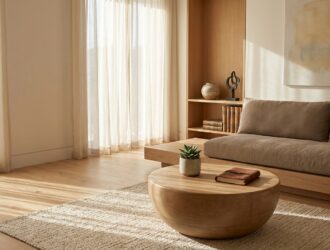 Warm minimalist home interior with natural wood accents, simple décor and cozy, intentional design