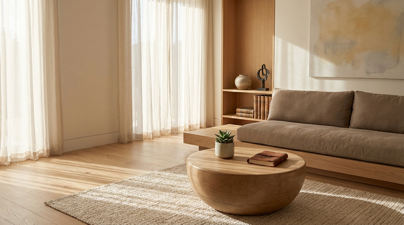 Warm minimalist home interior with natural wood accents, simple décor and cozy, intentional design