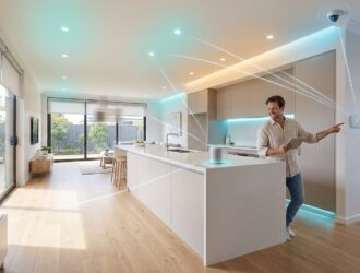 Smart home integration in a renovated living room with connected devices and modern tech