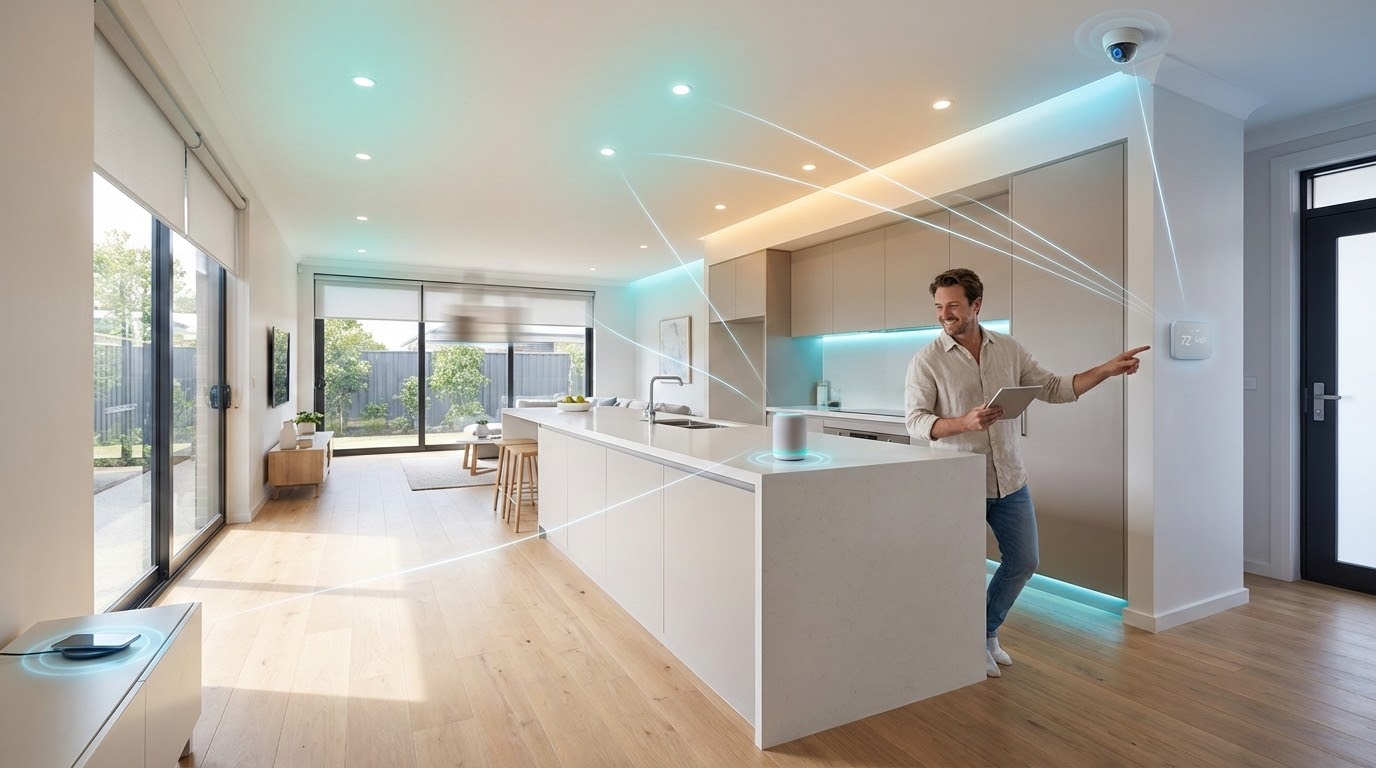 Smart home integration in a renovated living room with connected devices and modern tech