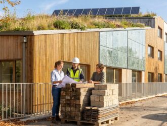Eco-friendly construction materials: bamboo, recycled wood, and green building in modern design