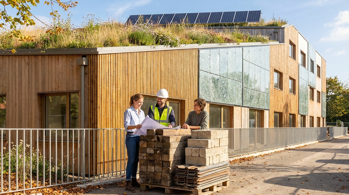 Eco-friendly construction materials: bamboo, recycled wood, and green building in modern design