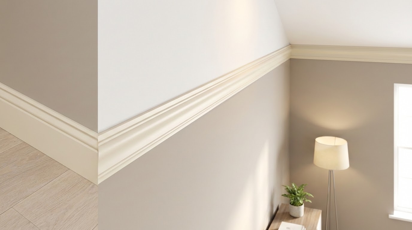 Elegant crown molding installed at wall‑ceiling junction, adding a sophisticated finish