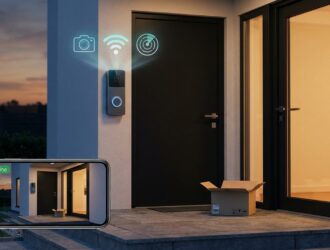 Smart video doorbell on front porch delivering live feed for home security.